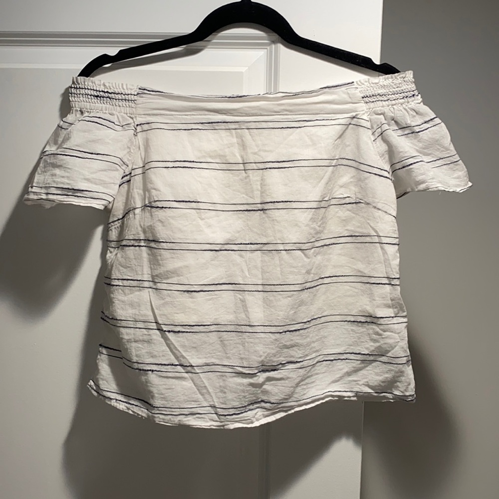Off the shoulder white and navy striped shirt